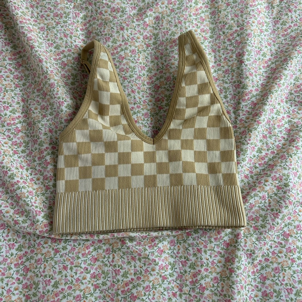Garage Beige and Cream Checkered Knit Top